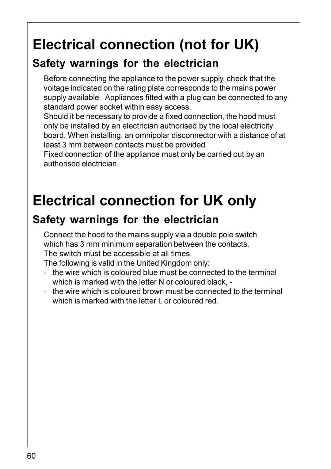 Electrolux HU 4360, HU 3360, DU 3160, DU 3150 Electrical connection not for UK, Electrical connection for UK only 