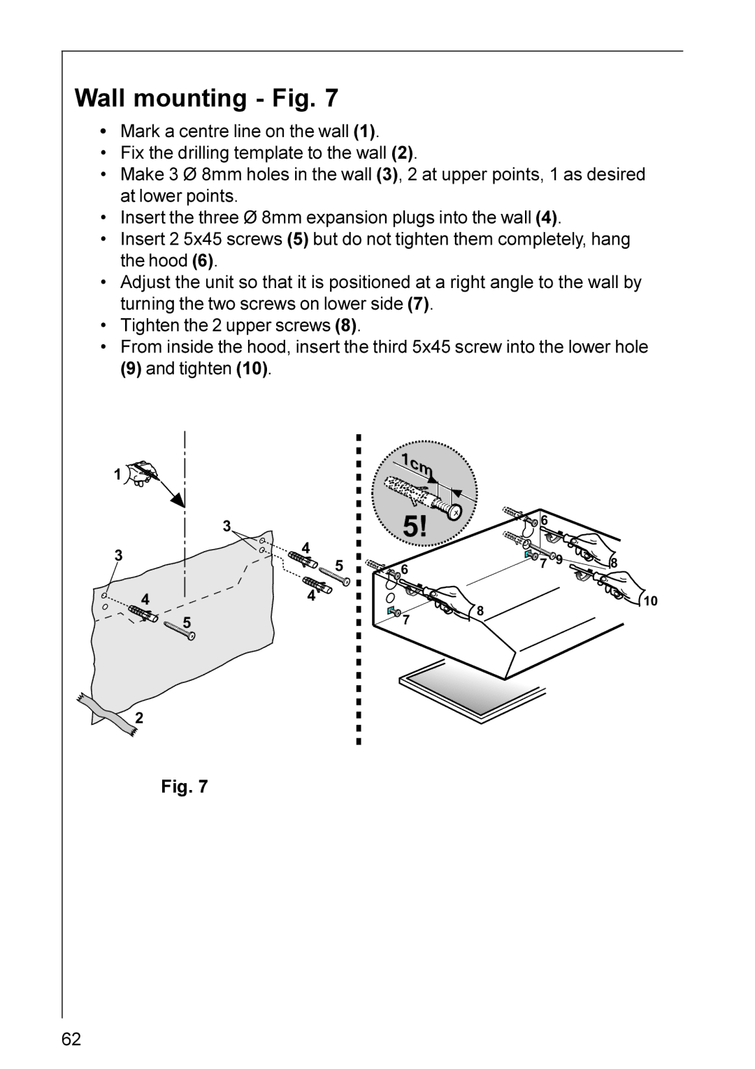 Electrolux DU 3160, HU 4360, HU 3360, DU 3150 installation instructions Wall mounting Fig 