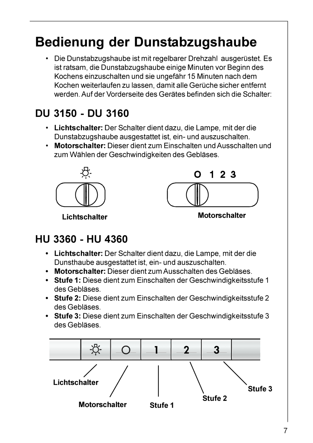 Electrolux HU 4360, DU 3160 installation instructions Bedienung der Dunstabzugshaube, DU 3150 DU, HU 3360 HU 