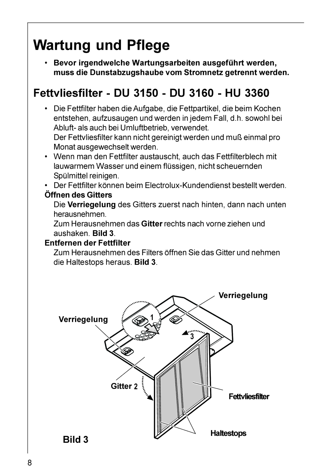 Electrolux HU 4360, HU 3360 installation instructions Wartung und Pflege, Fettvliesfilter DU 3150 DU 3160 HU 