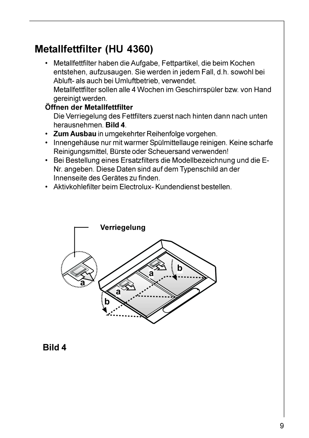 Electrolux HU 3360, HU 4360, DU 3160, DU 3150 installation instructions Metallfettfilter HU 