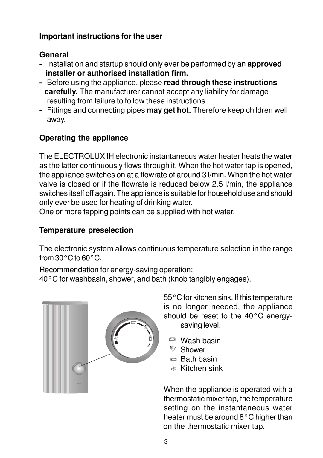 Electrolux IH24, IH 18, IH21 Important instructions for the user General, Operating the appliance, Temperature preselection 