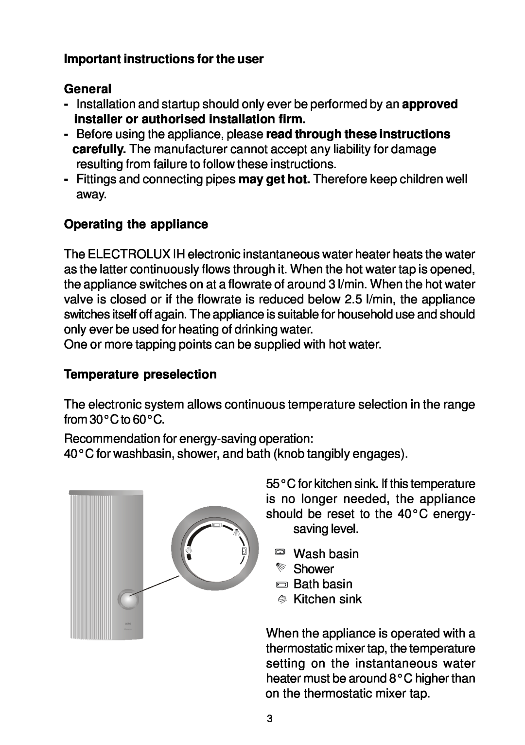Electrolux IH24, IH 18, IH21 Important instructions for the user General, Operating the appliance, Temperature preselection 