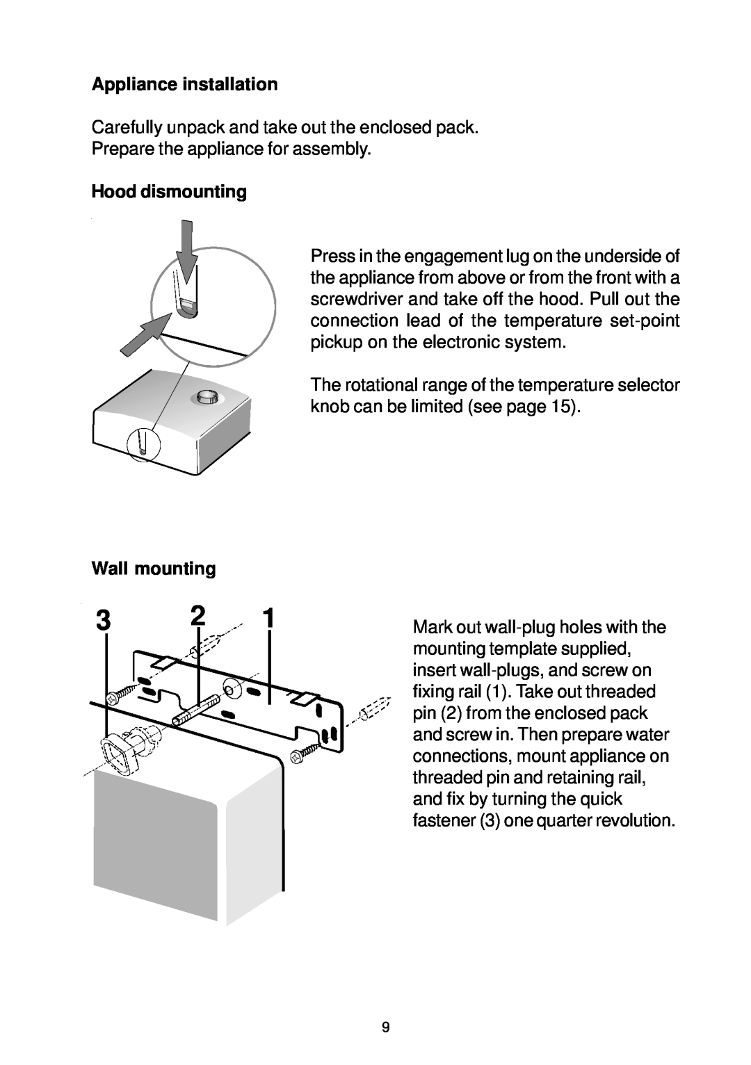 Electrolux IH24, IH 18, IH21 manual Appliance installation, Hood dismounting, Wall mounting 