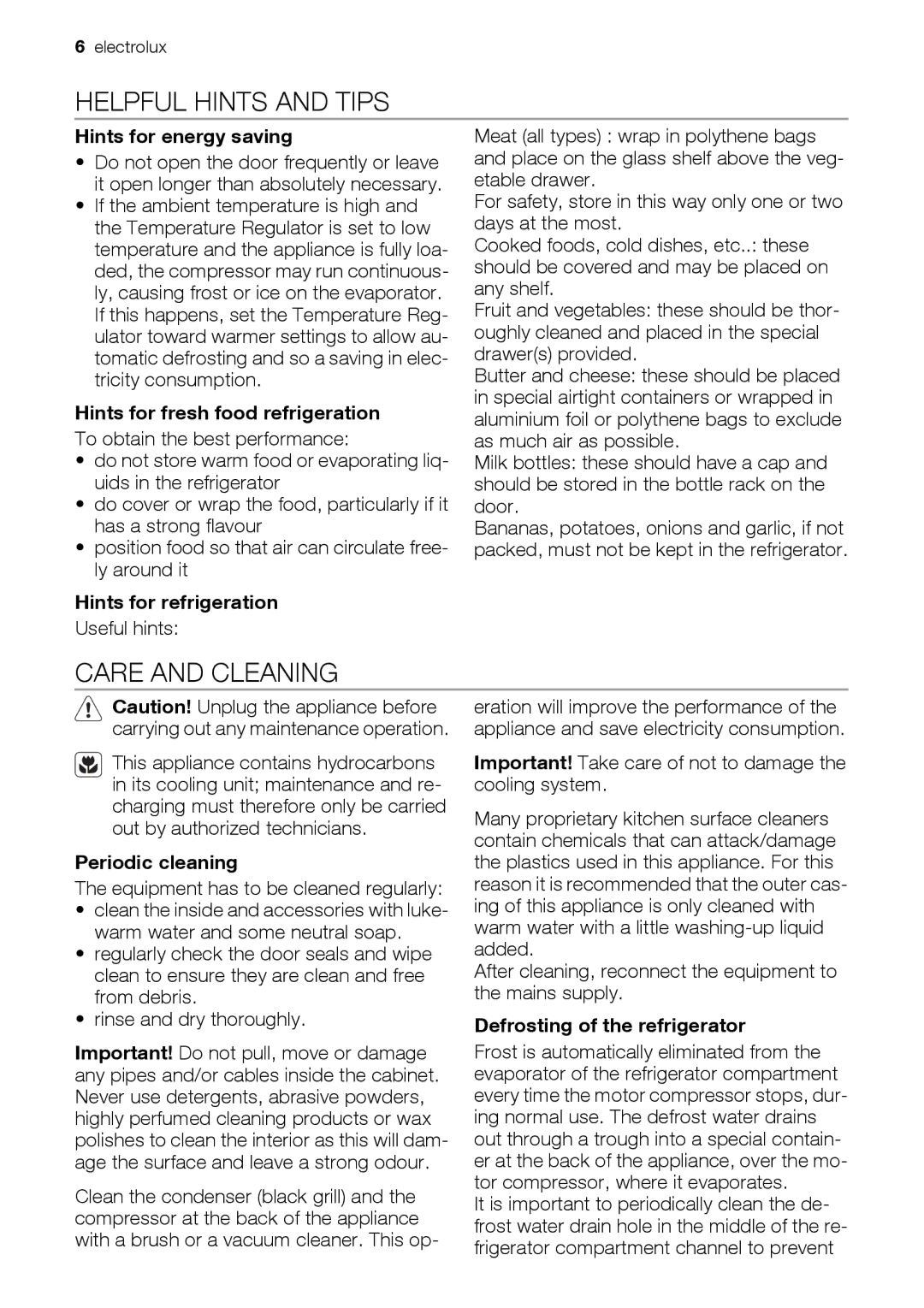 Electrolux IK224010 user manual Helpful Hints and Tips, Care and Cleaning 