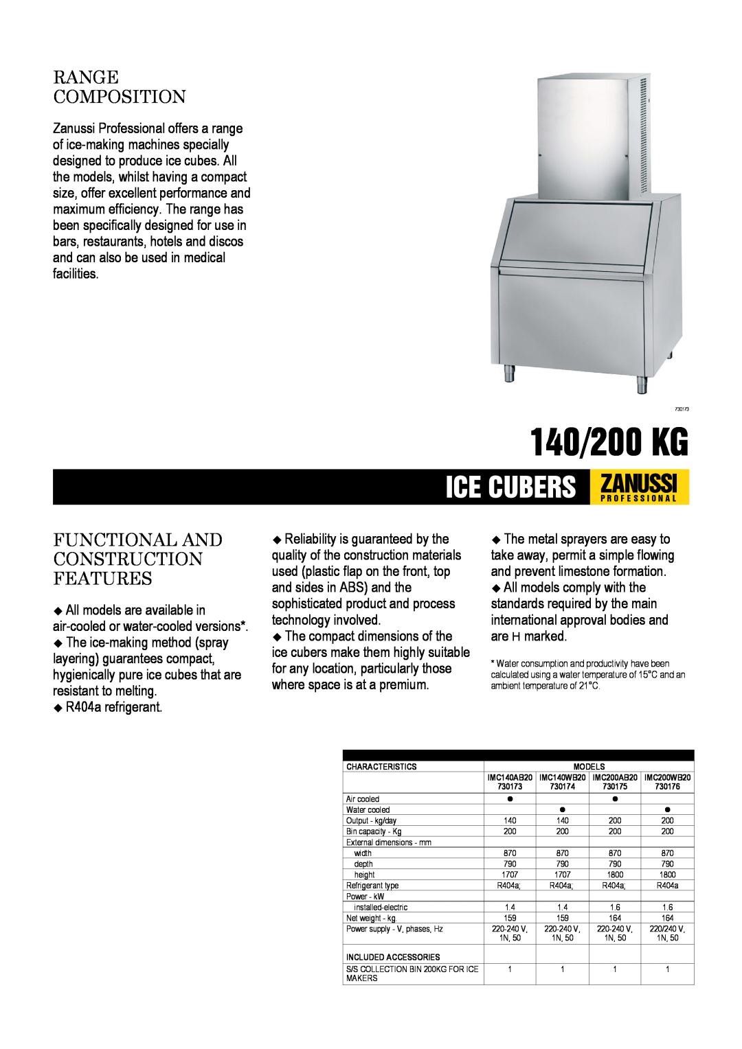 Electrolux IMC140AB20, IMC140WB20 dimensions 140/200 KG, Range Composition, Functional And Construction Features 