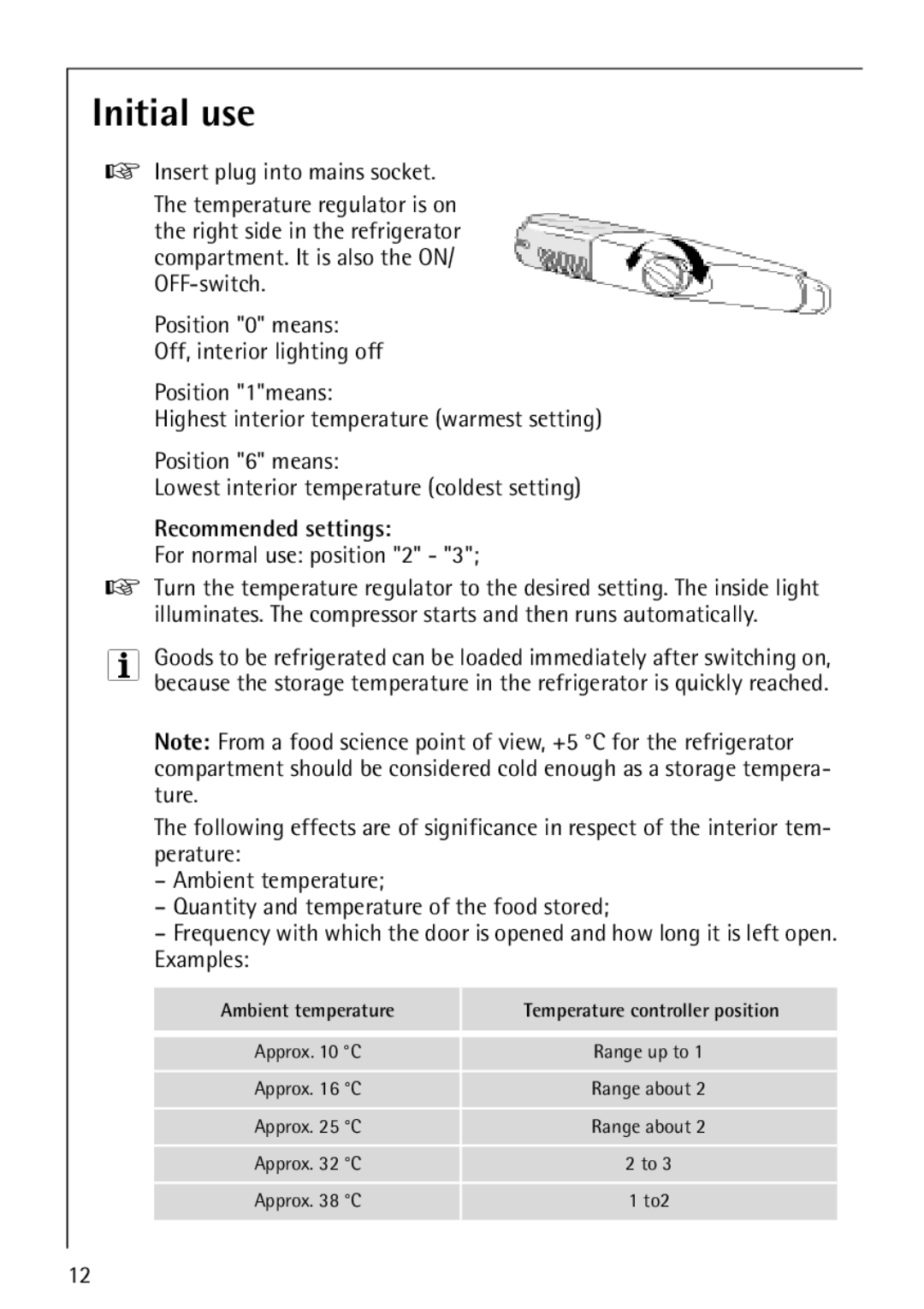 Electrolux Integrated Refrigerator manual Initial use, Recommended settings 