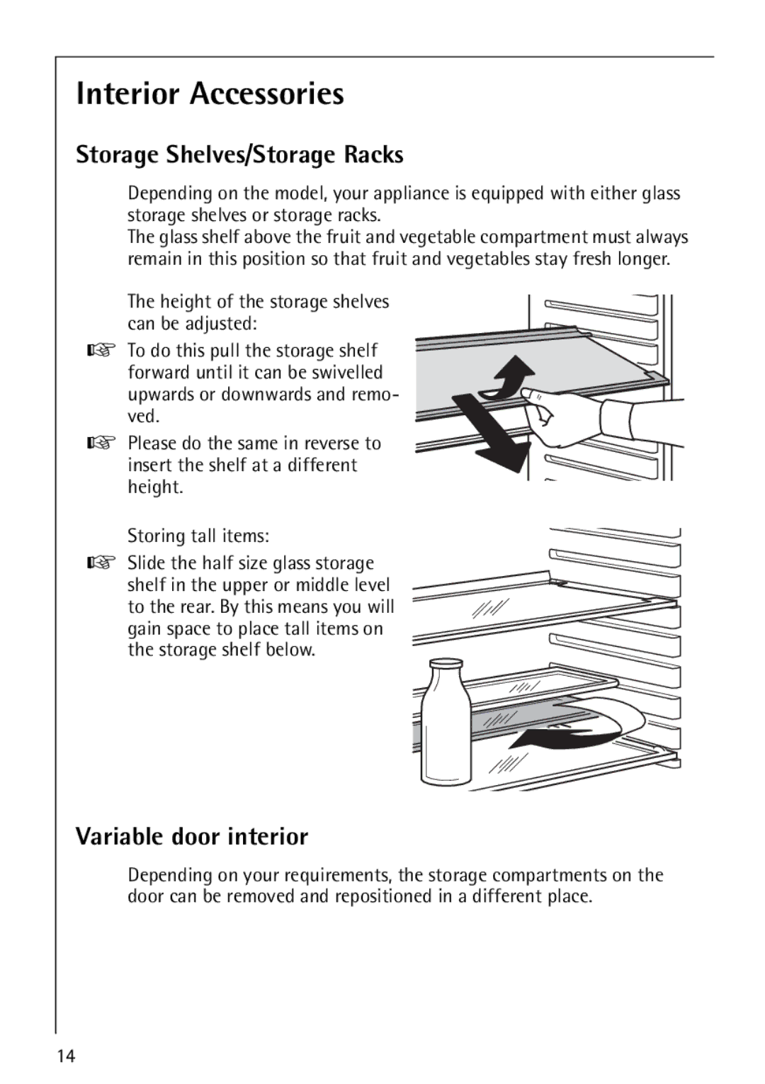 Electrolux Integrated Refrigerator manual Interior Accessories, Storage Shelves/Storage Racks, Variable door interior 