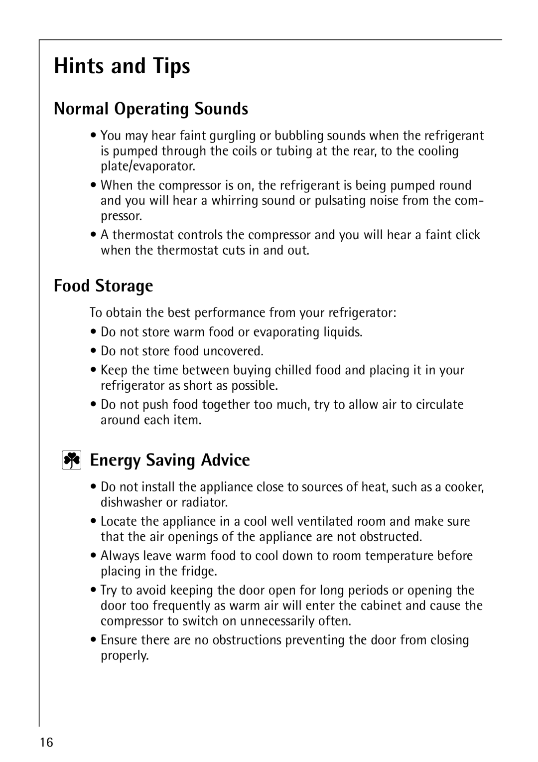 Electrolux Integrated Refrigerator manual Hints and Tips, Normal Operating Sounds, Food Storage, Energy Saving Advice 