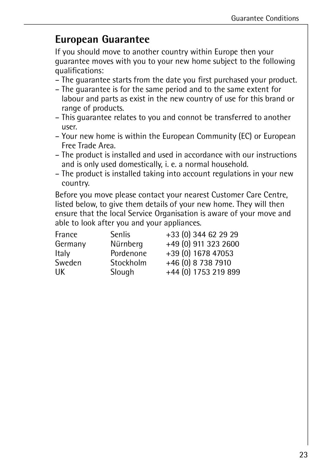 Electrolux Integrated Refrigerator manual European Guarantee 