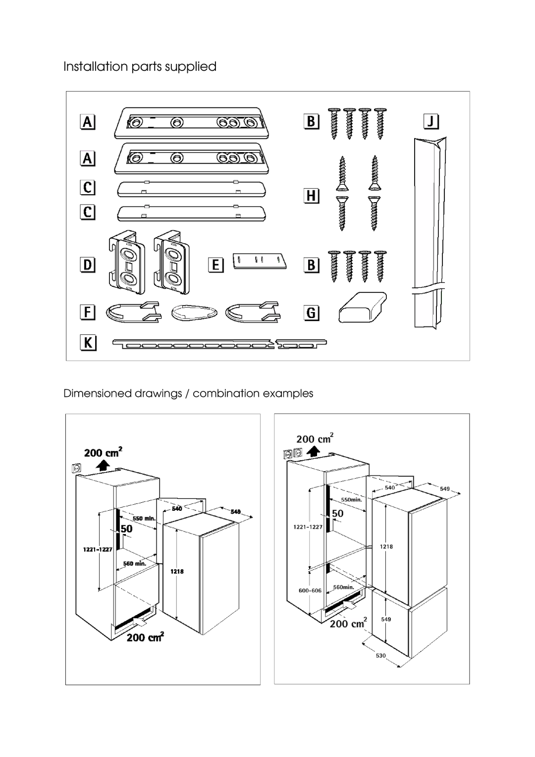 Electrolux Integrated Refrigerator manual Installation parts supplied 