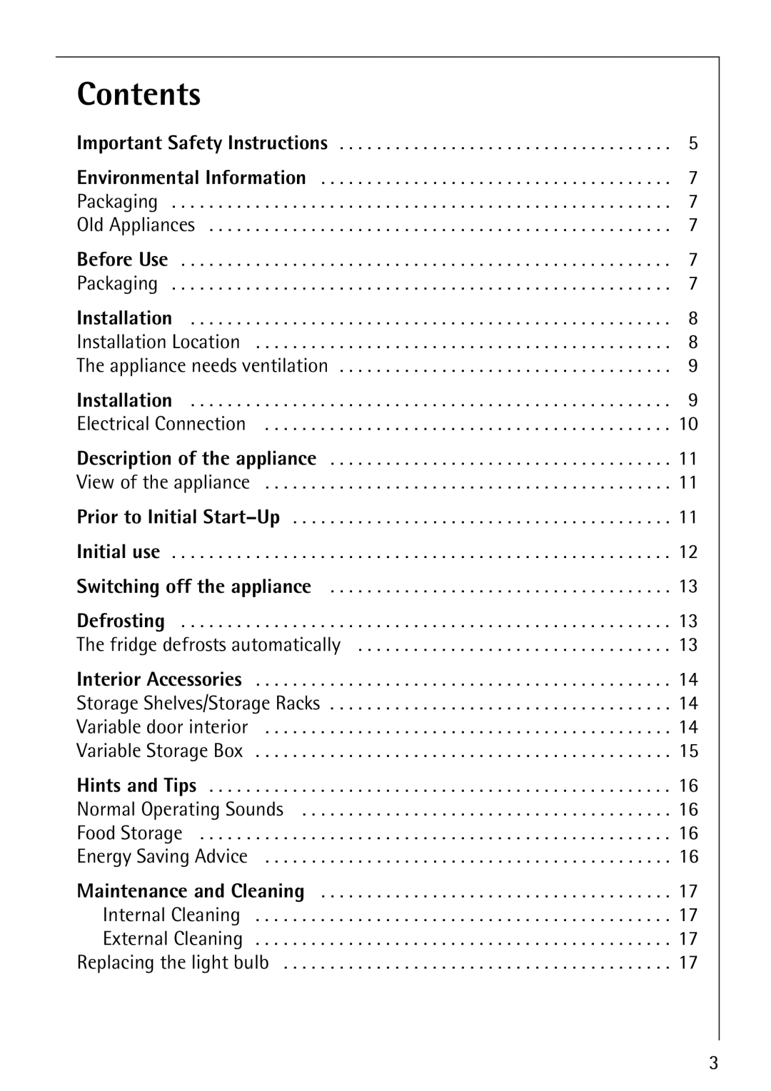 Electrolux Integrated Refrigerator manual Contents 