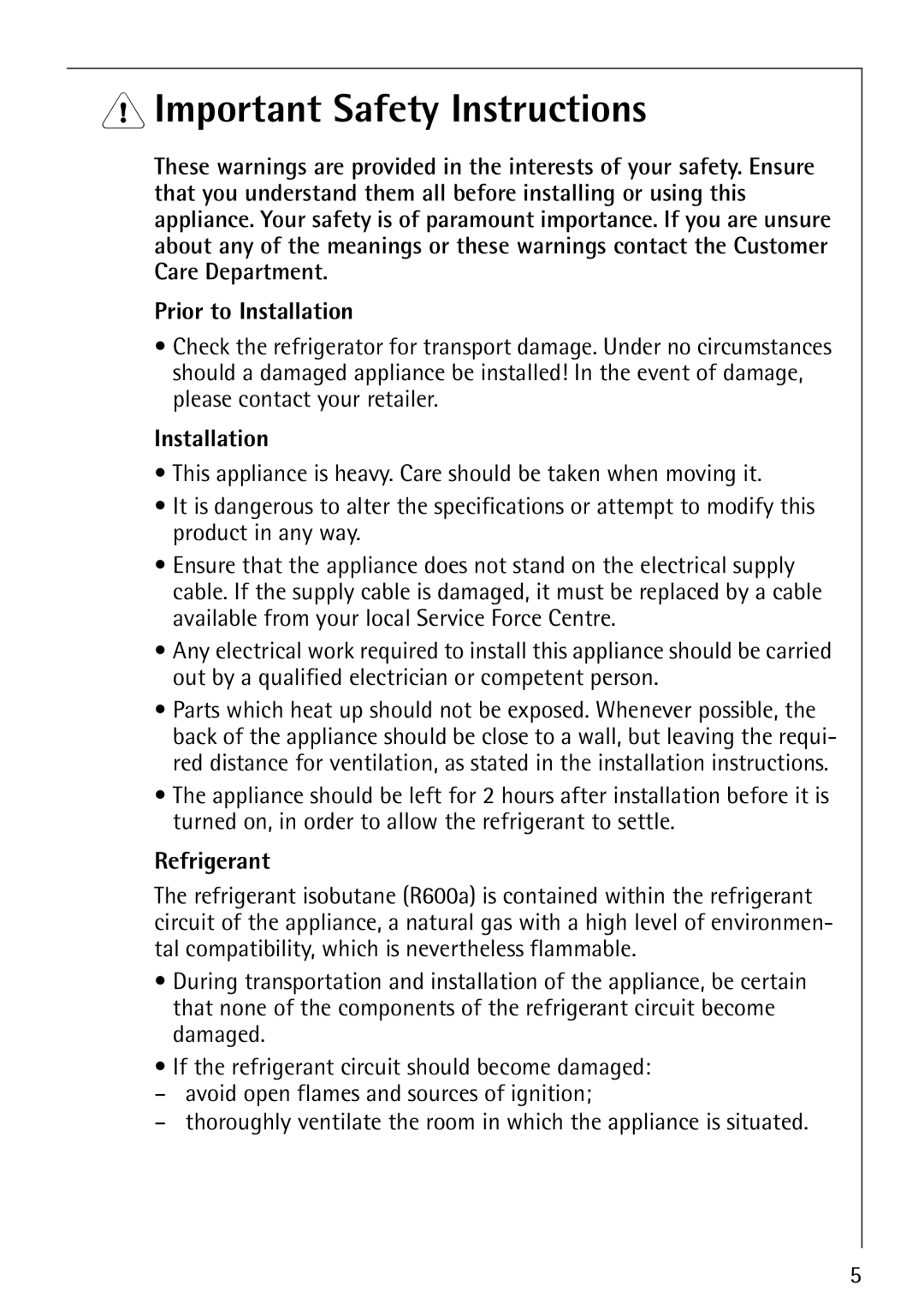 Electrolux Integrated Refrigerator manual Important Safety Instructions, Prior to Installation, Refrigerant 