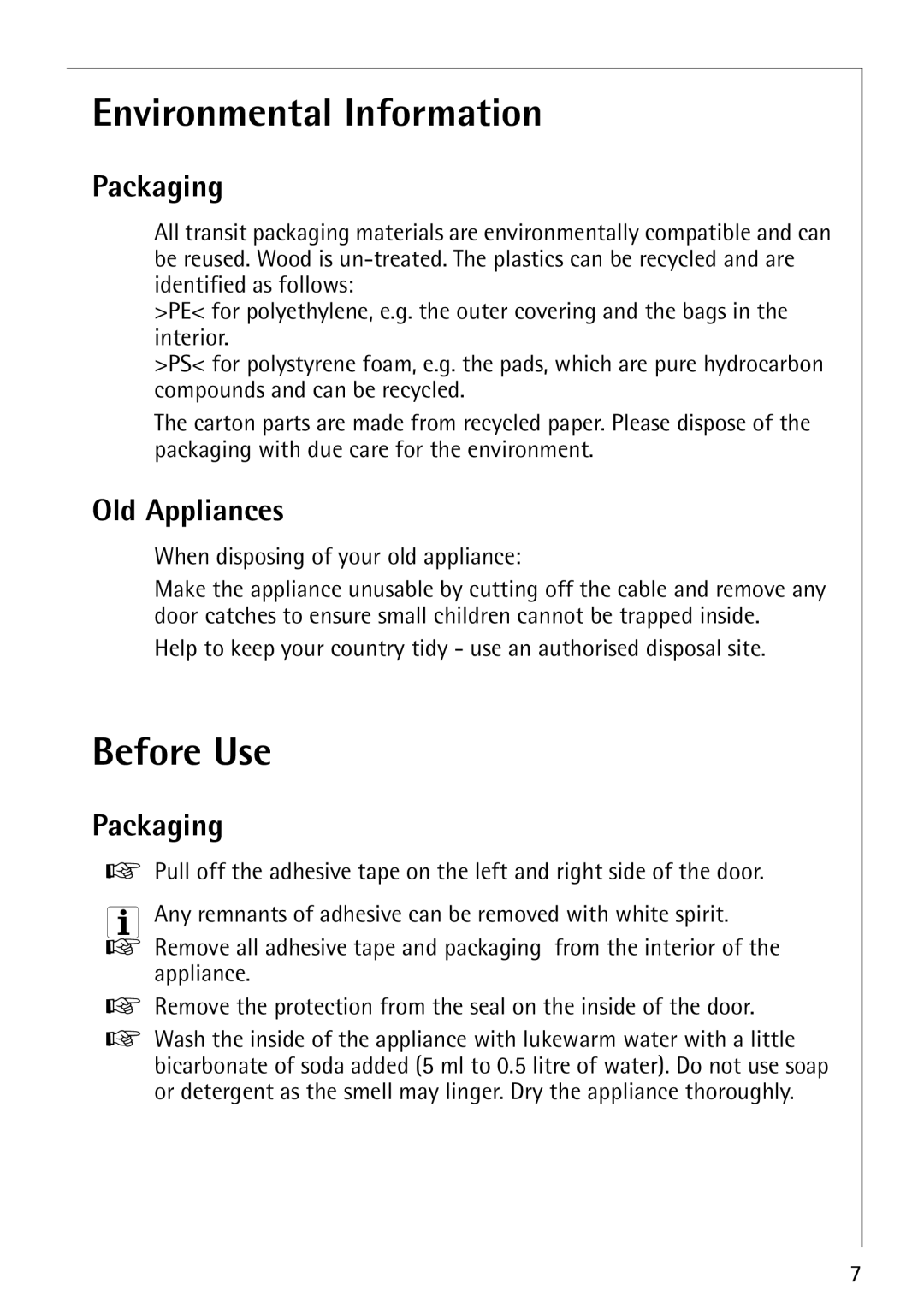 Electrolux Integrated Refrigerator manual Environmental Information, Before Use, Packaging, Old Appliances 