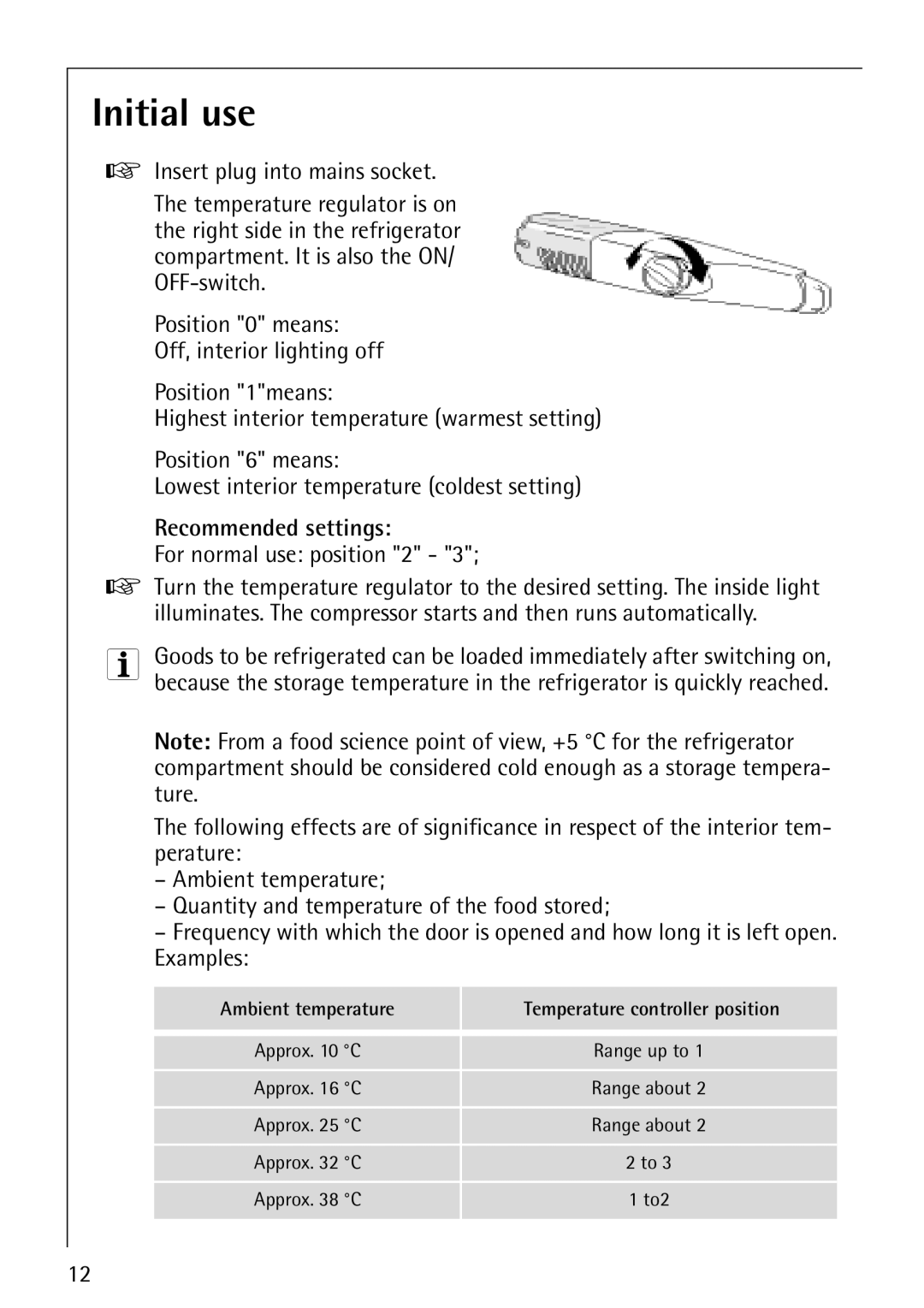 Electrolux Integrated operating instructions Initial use, Recommended settings 