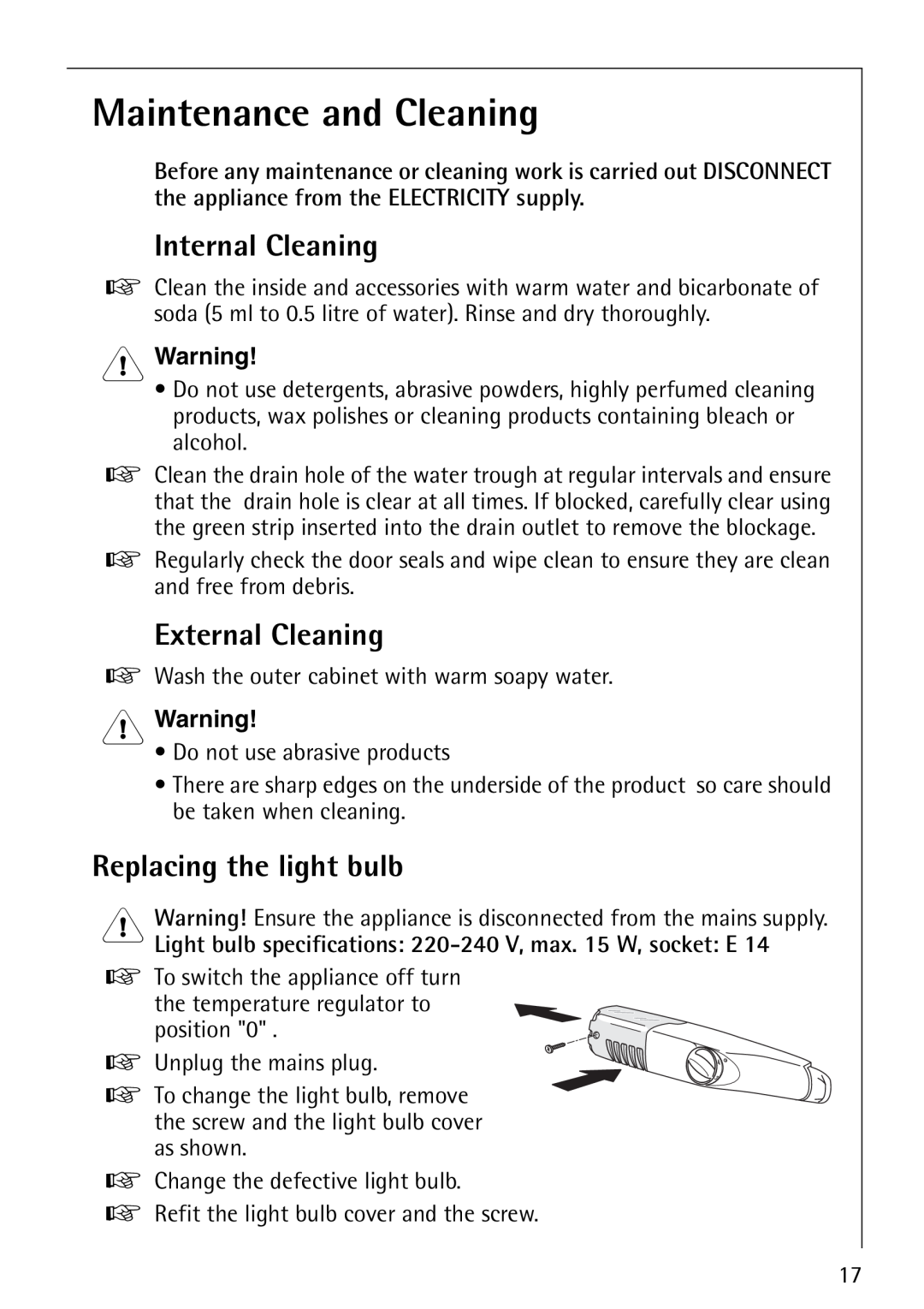 Electrolux Integrated Maintenance and Cleaning, Internal Cleaning, External Cleaning, Replacing the light bulb, Warning 
