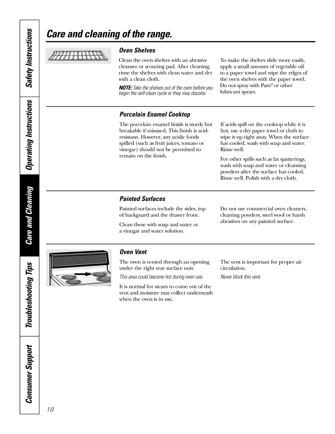 Electrolux JBP26, JBP24 Consumer Support Troubleshooting Tips Care and Cleaning, Oven Shelves, Porcelain Enamel Cooktop 