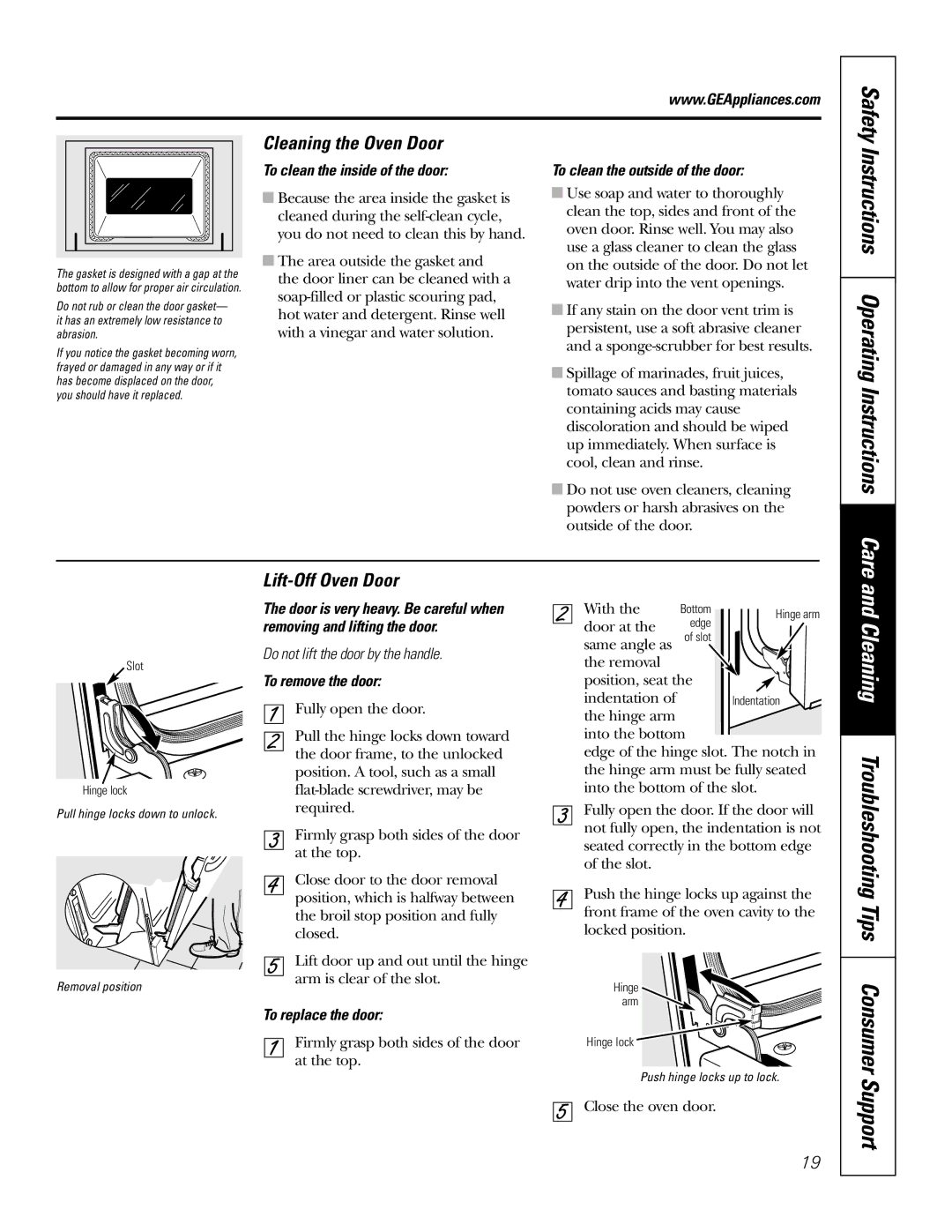 Electrolux JBP24, JBP26, JBP35 Instructions Operating Instructions Care, Cleaning the Oven Door, Lift-Off Oven Door 