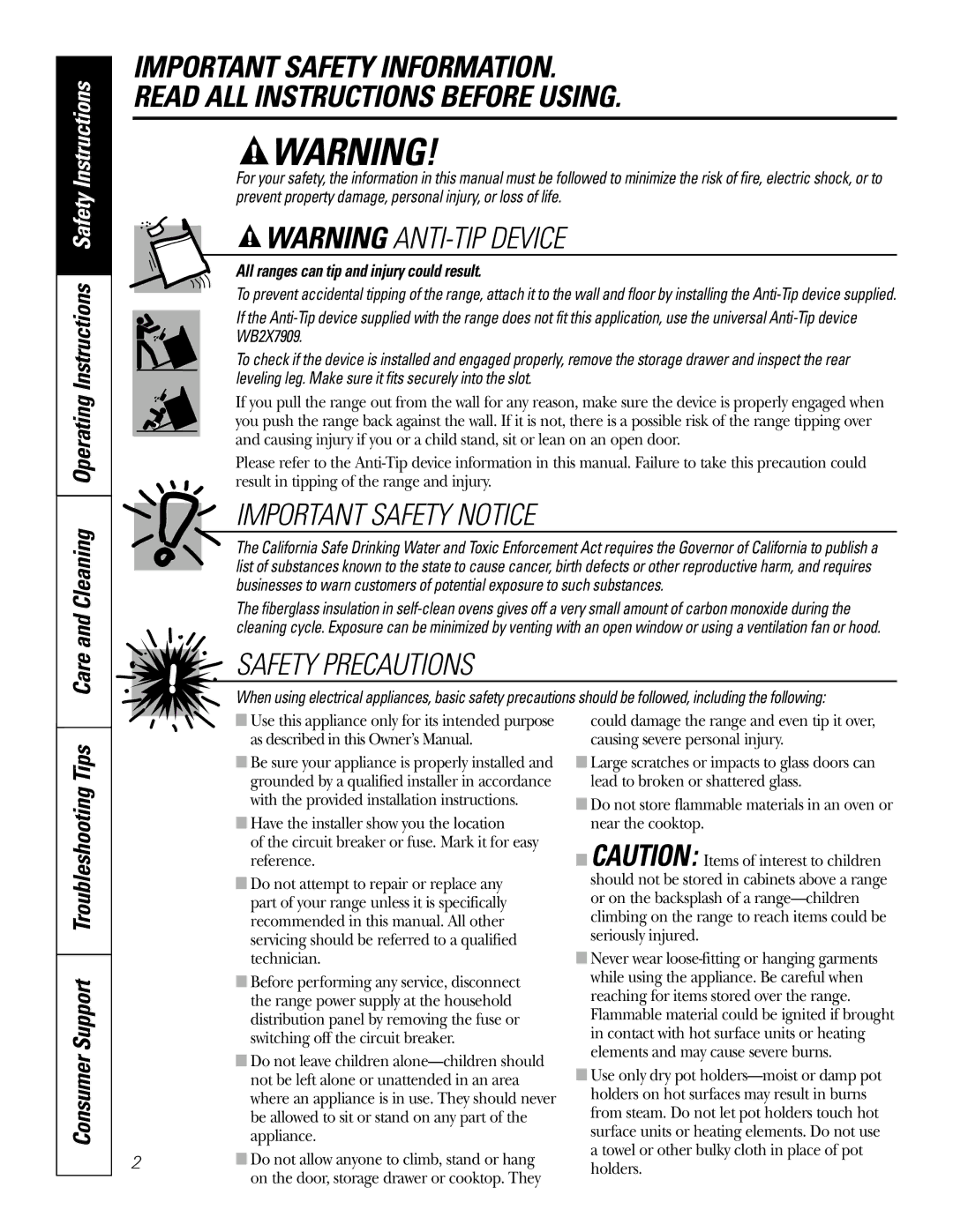 Electrolux JBP35, JBP26, JBP24 owner manual Consumer Support Troubleshooting Tips, All ranges can tip and injury could result 