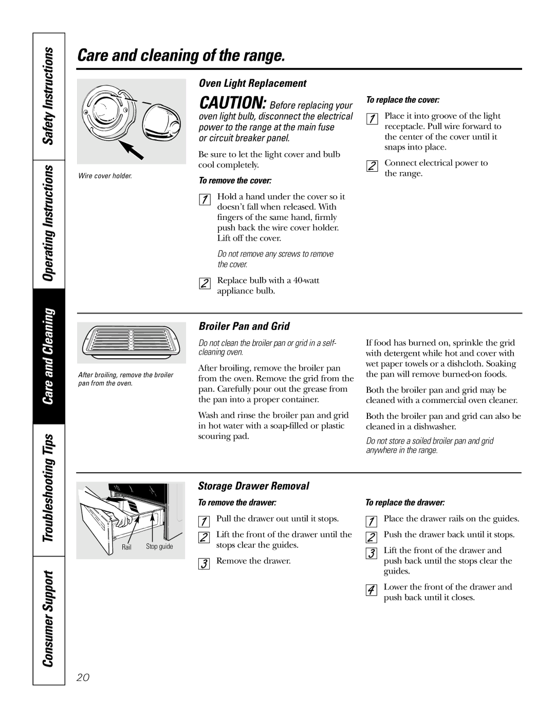 Electrolux JBP35 Operating Instructions Safety, Oven Light Replacement, Broiler Pan and Grid, Storage Drawer Removal 