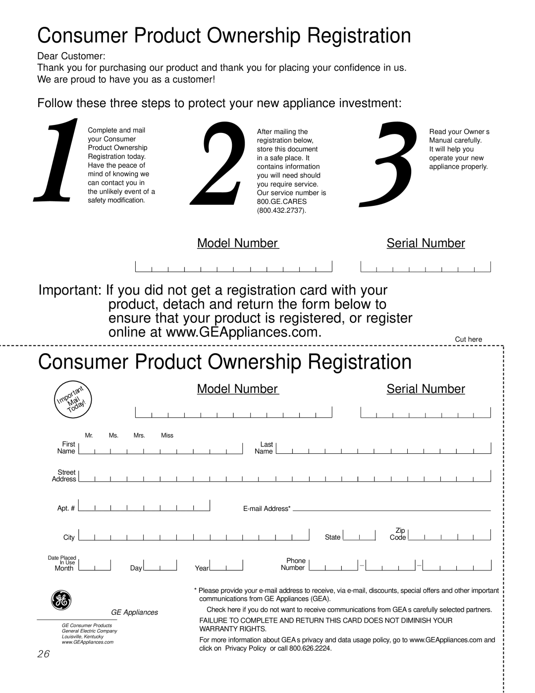 Electrolux JBP35, JBP26, JBP24 owner manual Consumer Product Ownership Registration 