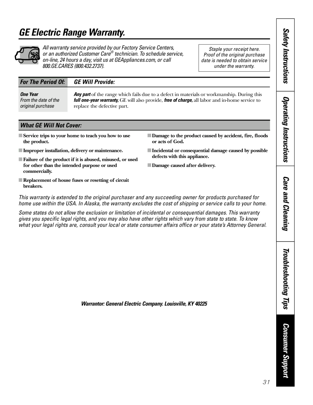 Electrolux JBP24, JBP26, JBP35 GE Electric Range Warranty, Cleaning Troubleshooting Tips Consumer Support, GE Will Provide 