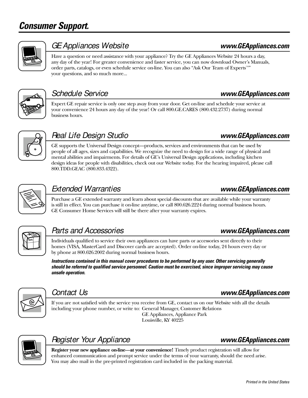 Electrolux JBP35 Consumer Support GE Appliances Website, Schedule Service, Real Life Design Studio, Extended Warranties 