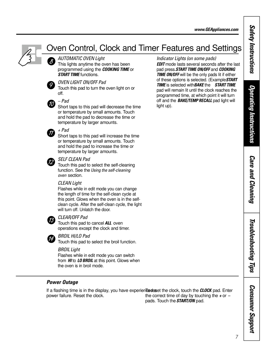 Electrolux JBP24 Care and Cleaning Troubleshooting Tips Consumer Support, Power Outage, Power failure. Reset the clock 