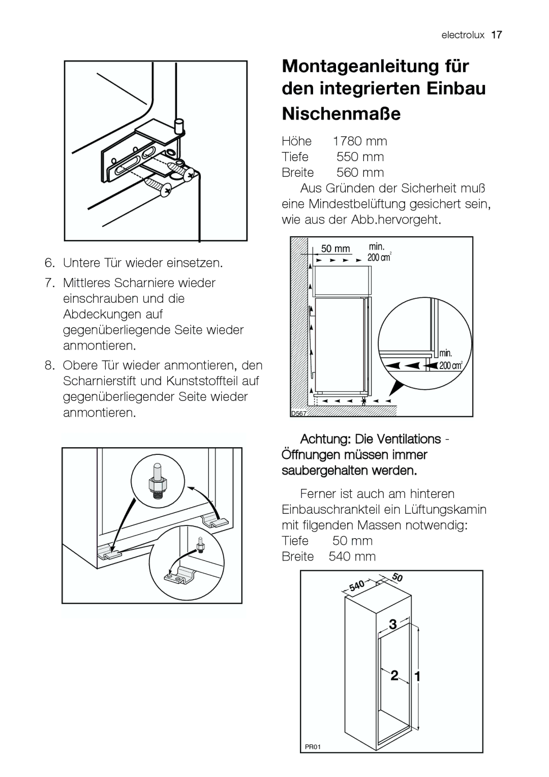 Electrolux JCN 44181 manual Montageanleitung für den integrierten Einbau Nischenmaße, Öffnungen müssen immer 