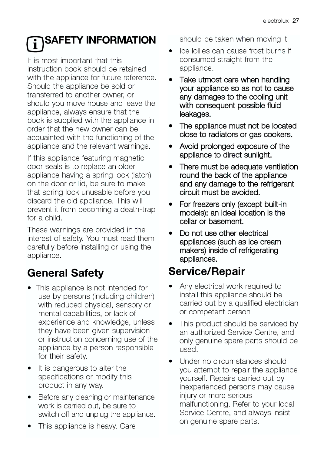 Electrolux JCN 44181 manual General Safety, Service/Repair 