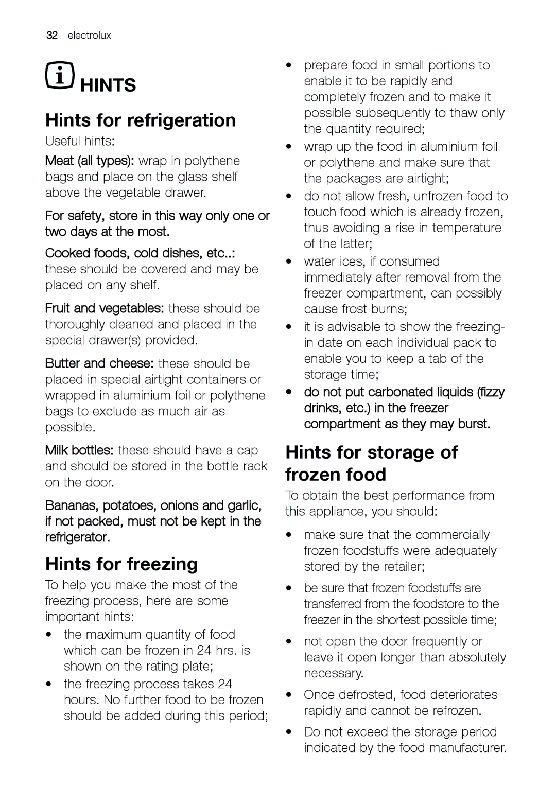 Electrolux JCN 44181 manual Hints for refrigeration, Hints for freezing, Hints for storage of frozen food 