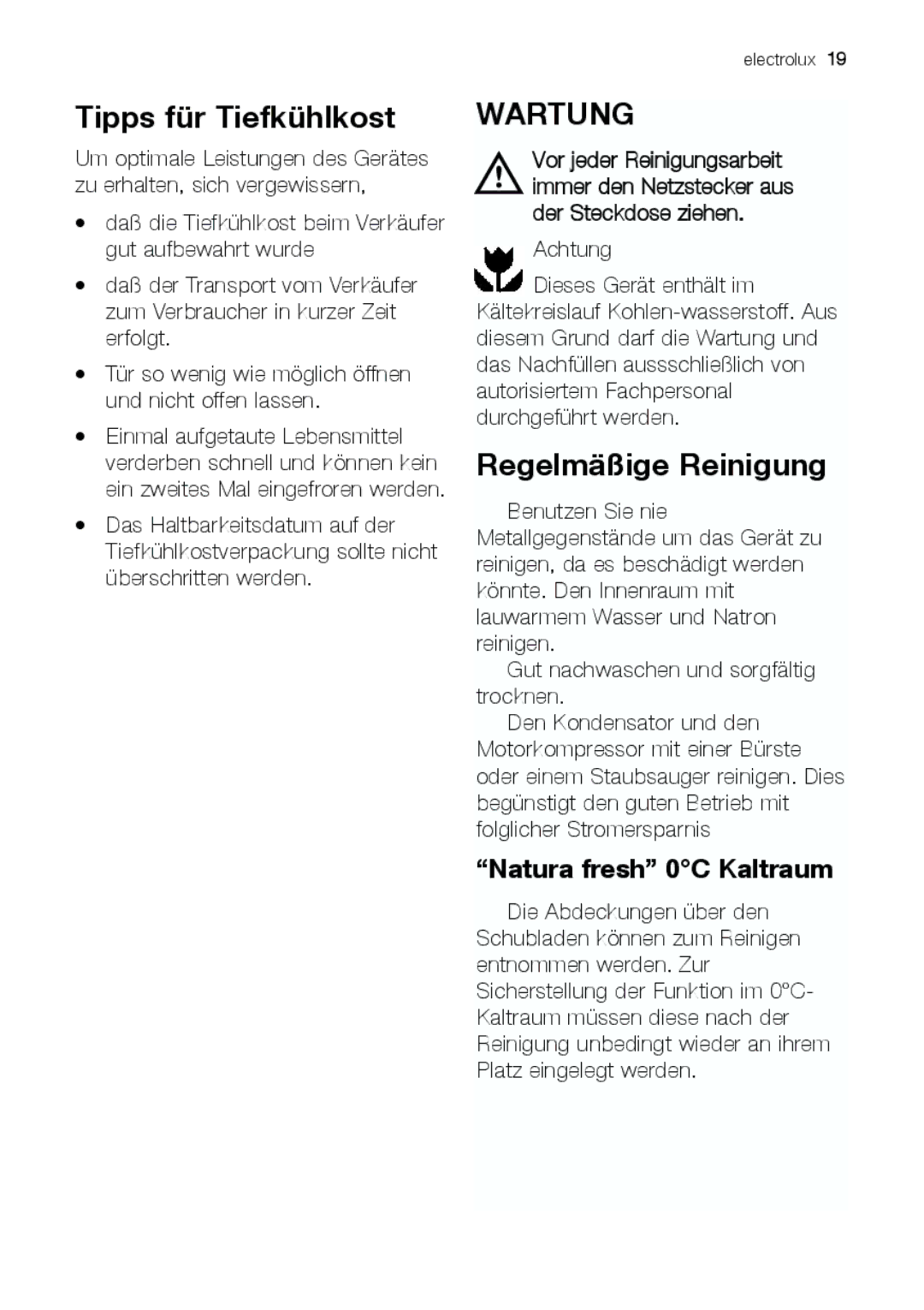 Electrolux JCZ 94181 manual Tipps für Tiefkühlkost, Wartung, Regelmäßige Reinigung 