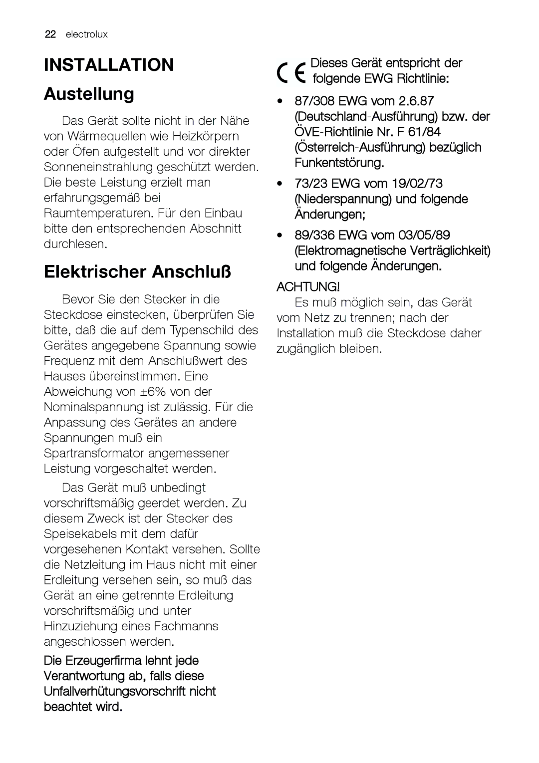 Electrolux JCZ 94181 manual Installation, Austellung, Elektrischer Anschluß 