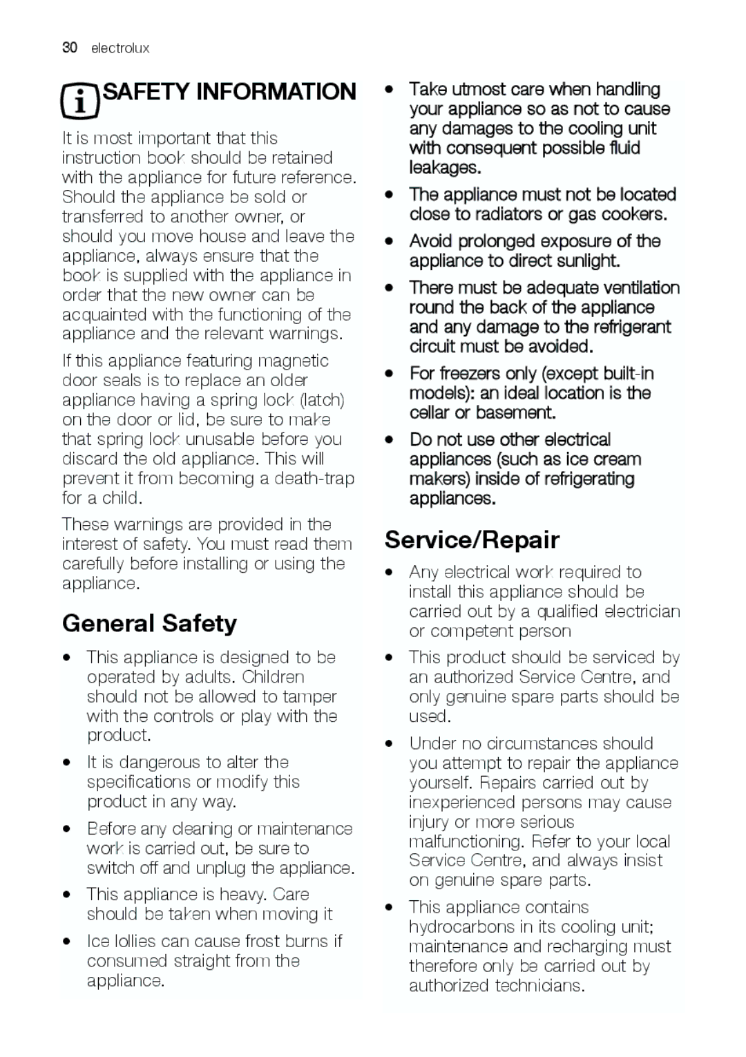 Electrolux JCZ 94181 manual General Safety, Service/Repair 