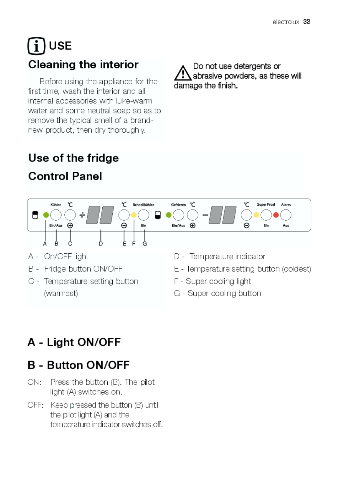 Electrolux JCZ 94181 manual Cleaning the interior, Use of the fridge Control Panel, Light ON/OFF Button ON/OFF 