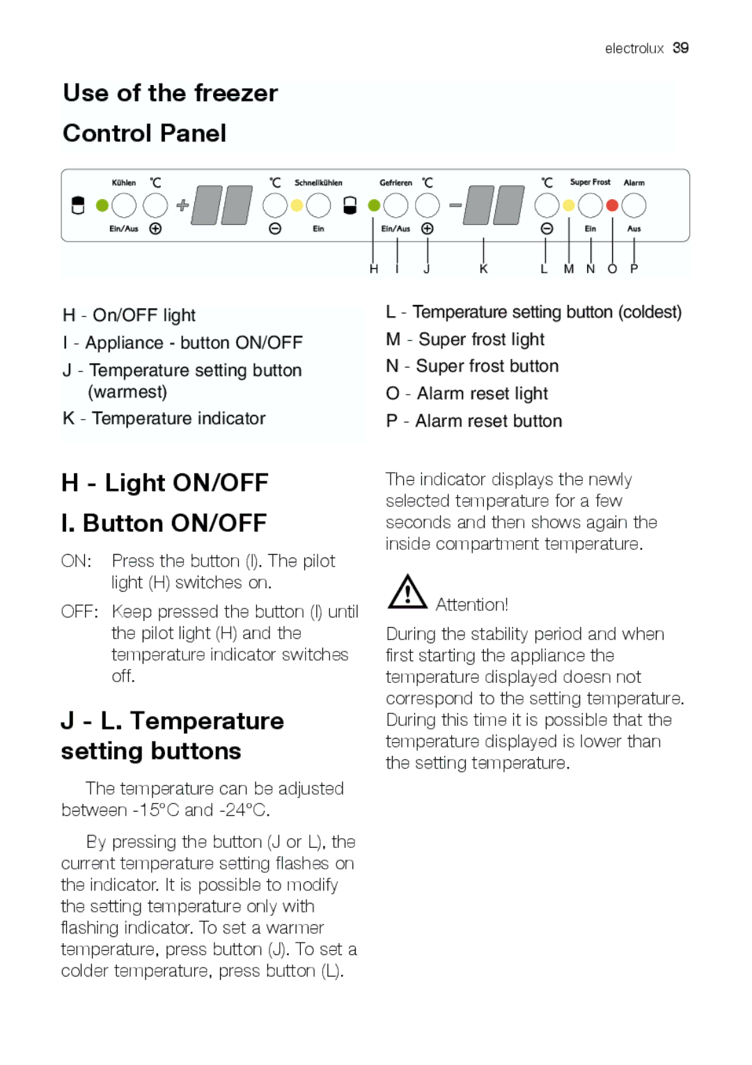 Electrolux JCZ 94181 manual Use of the freezer Control Panel, Light ON/OFF Button ON/OFF 