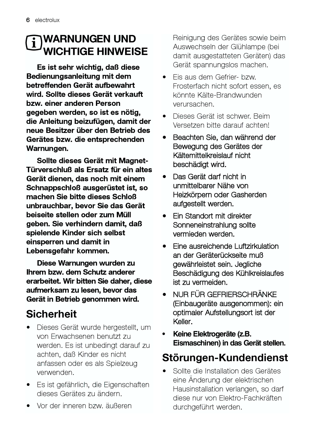 Electrolux JCZ 94181 manual Sicherheit, Störungen-Kundendienst, Keller 