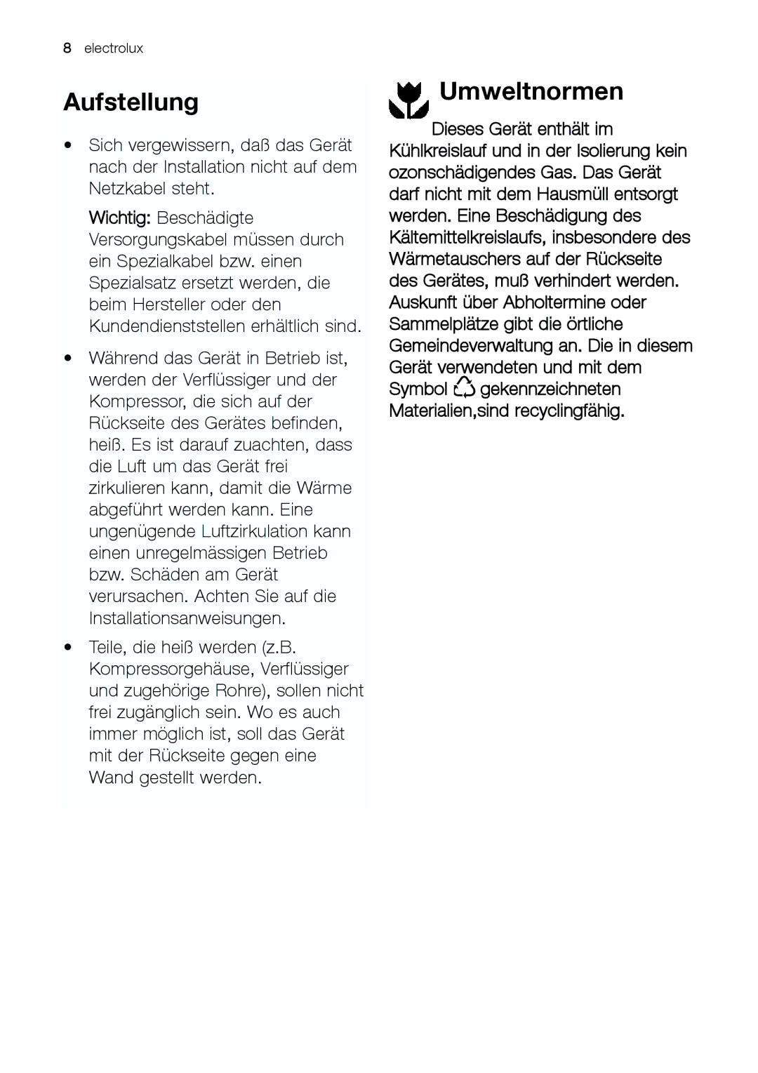 Electrolux JCZ 94181 manual Aufstellung, Umweltnormen 