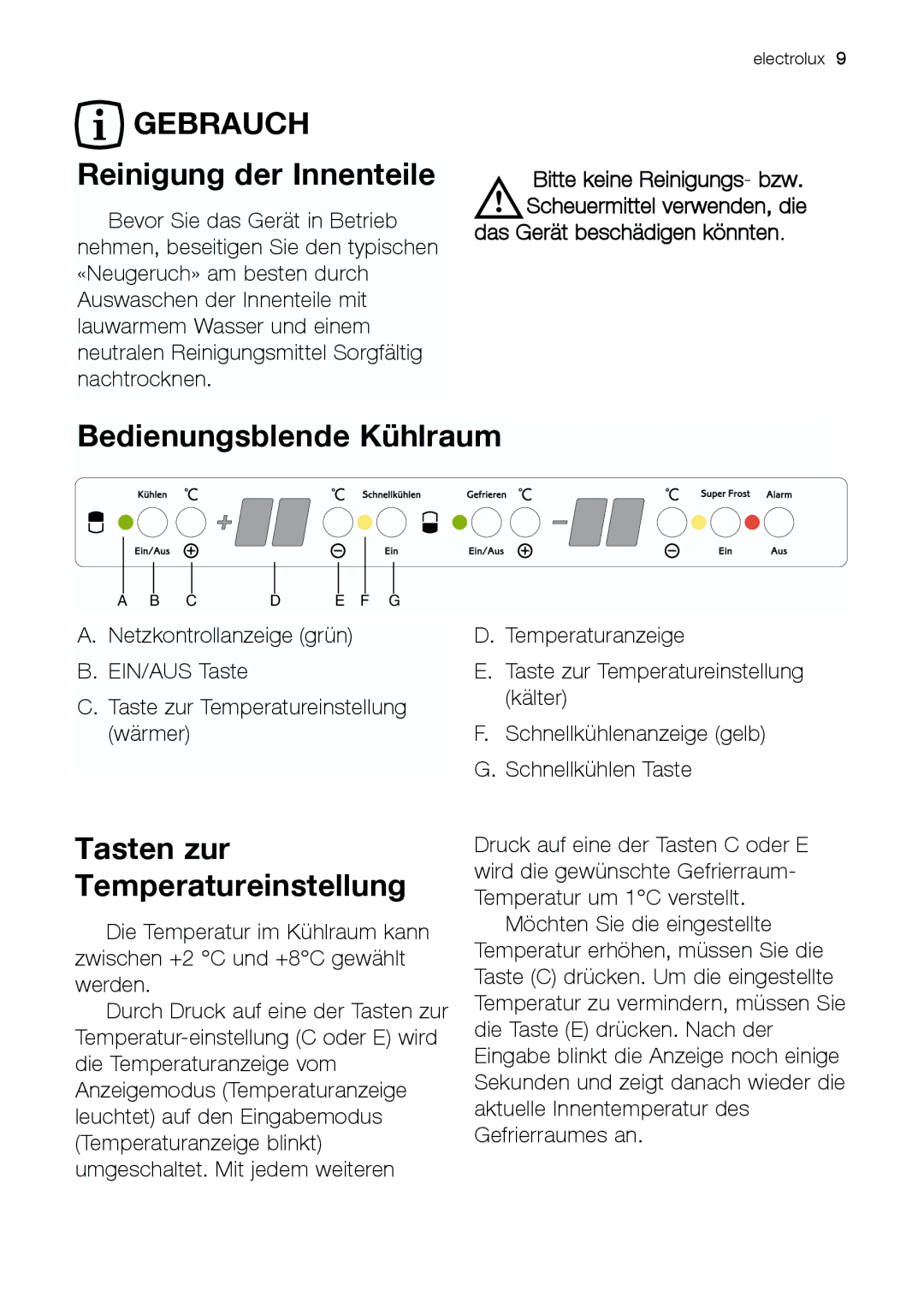 Electrolux JCZ 94181 manual Gebrauch, Reinigung der Innenteile, Bedienungsblende Kühlraum, Das Gerät beschädigen könnten 