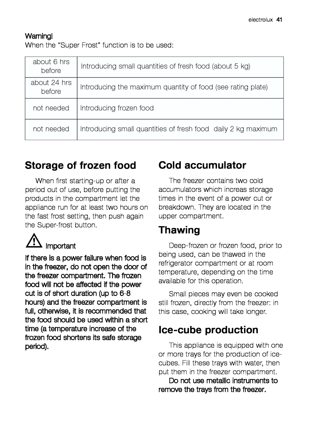 Electrolux JCZ 94181 manual Storage of frozen food, Cold accumulator, Thawing, Ice-cube production 