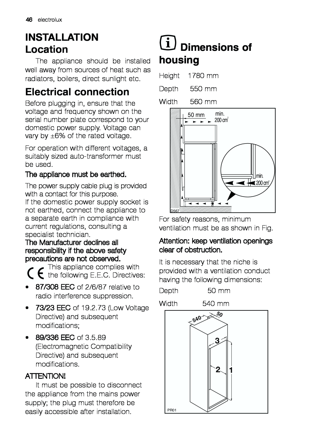 Electrolux JCZ 94181 manual INSTALLATION Location, Electrical connection, Dimensions of housing 