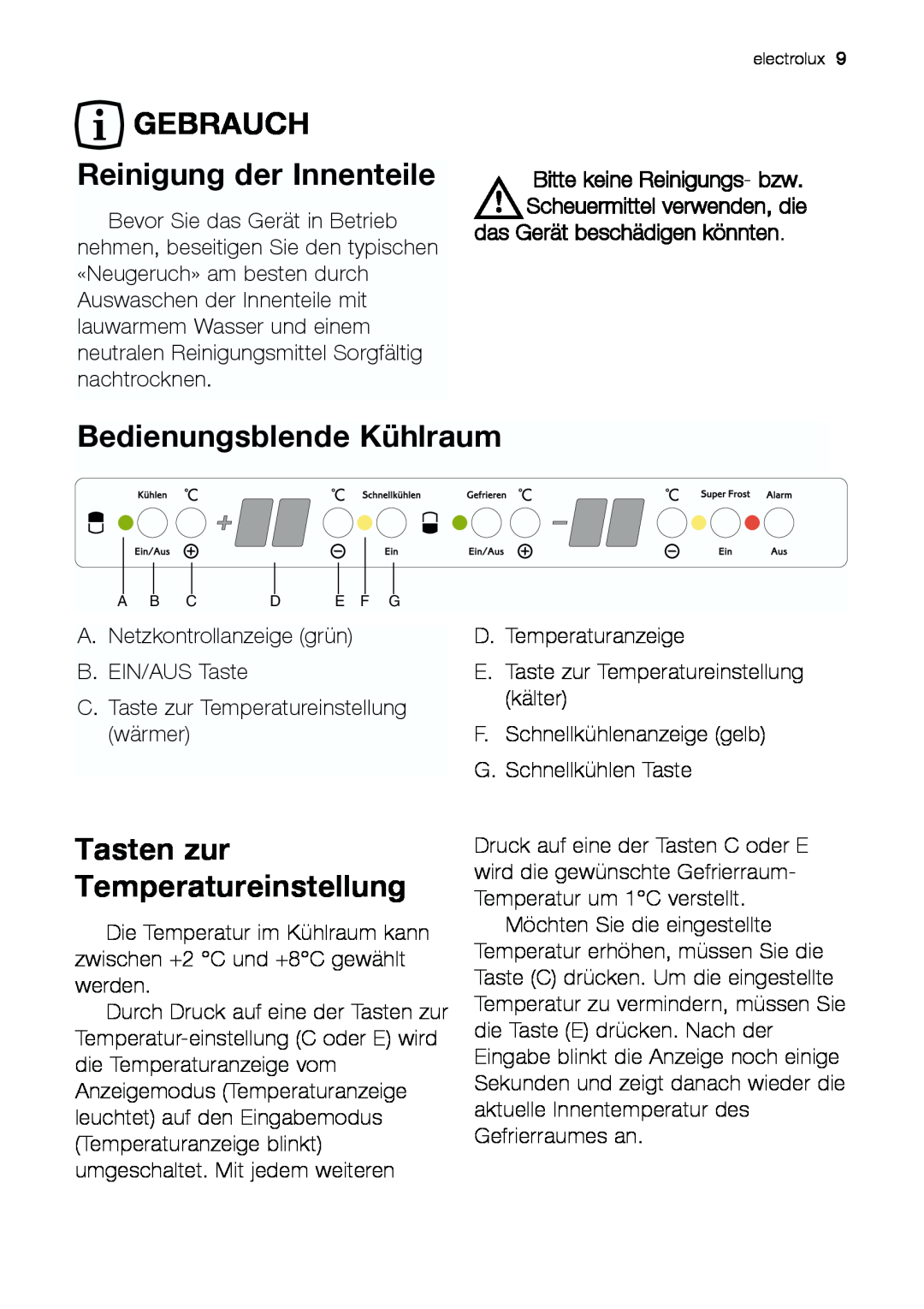 Electrolux JCZ 94181 manual GEBRAUCH Reinigung der Innenteile, Bedienungsblende Kühlraum, Tasten zur Temperatureinstellung 