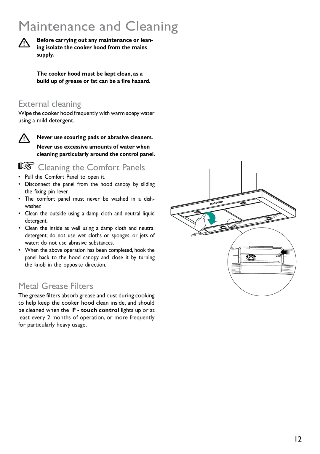 Electrolux JLBIHD906 Maintenance and Cleaning, External cleaning, Cleaning the Comfort Panels, Metal Grease Filters 