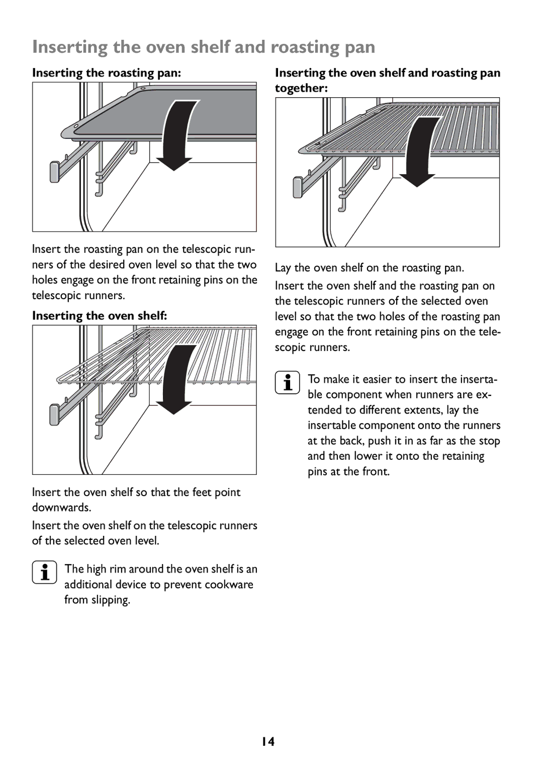 Electrolux JLBIOS608 manual Inserting the oven shelf and roasting pan, Inserting the roasting pan, Together 