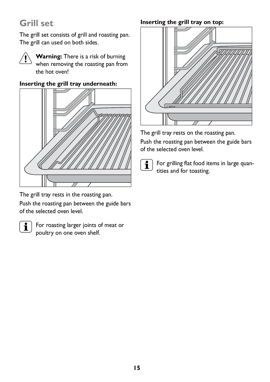 Electrolux JLBIOS608 manual Grill set, Inserting the grill tray underneath, Inserting the grill tray on top 