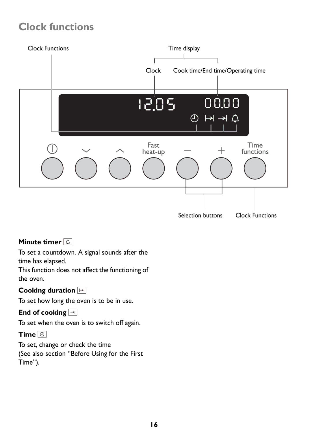 Electrolux JLBIOS608 manual Clock functions, Minute timer, Cooking duration, End of cooking, Time 