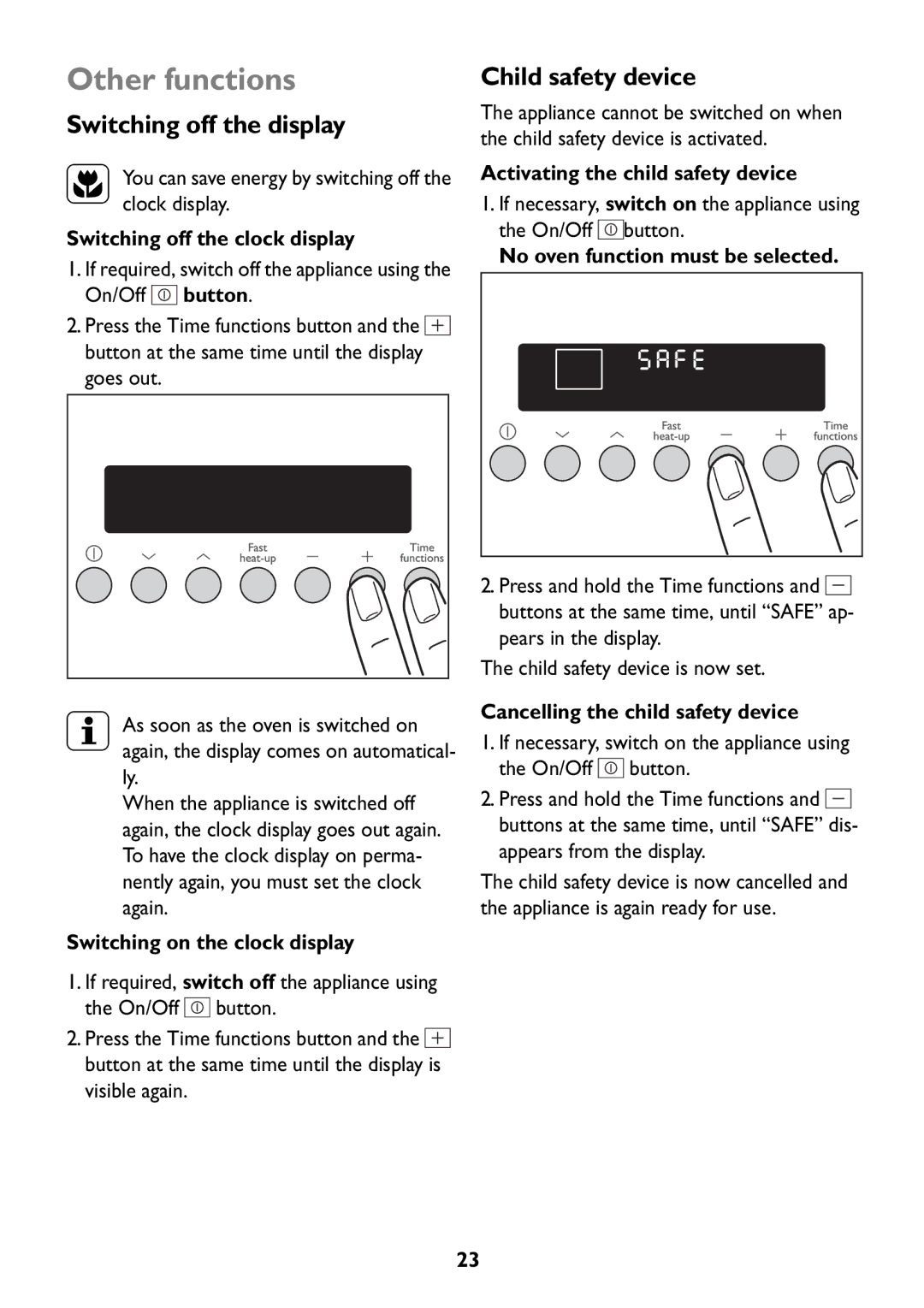 Electrolux JLBIOS608 manual Other functions, Switching off the display, Child safety device 