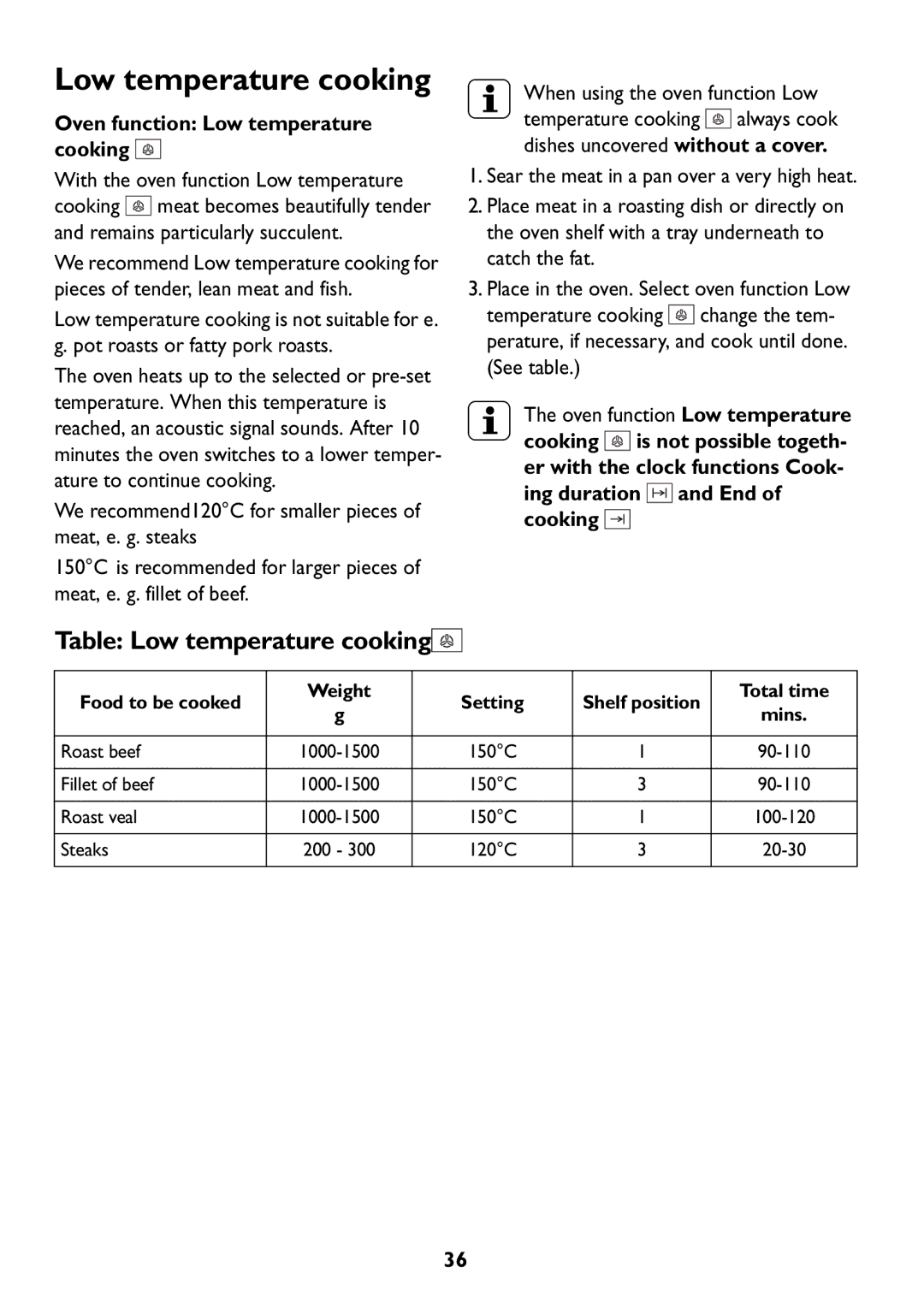 Electrolux JLBIOS608 manual Table Low temperature cooking, Oven function Low temperature cooking 