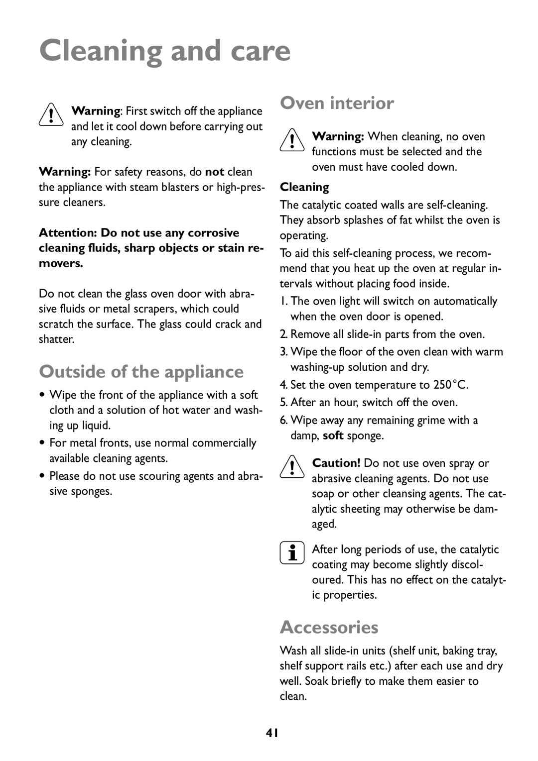 Electrolux JLBIOS608 manual Cleaning and care, Outside of the appliance, Oven interior, Accessories 