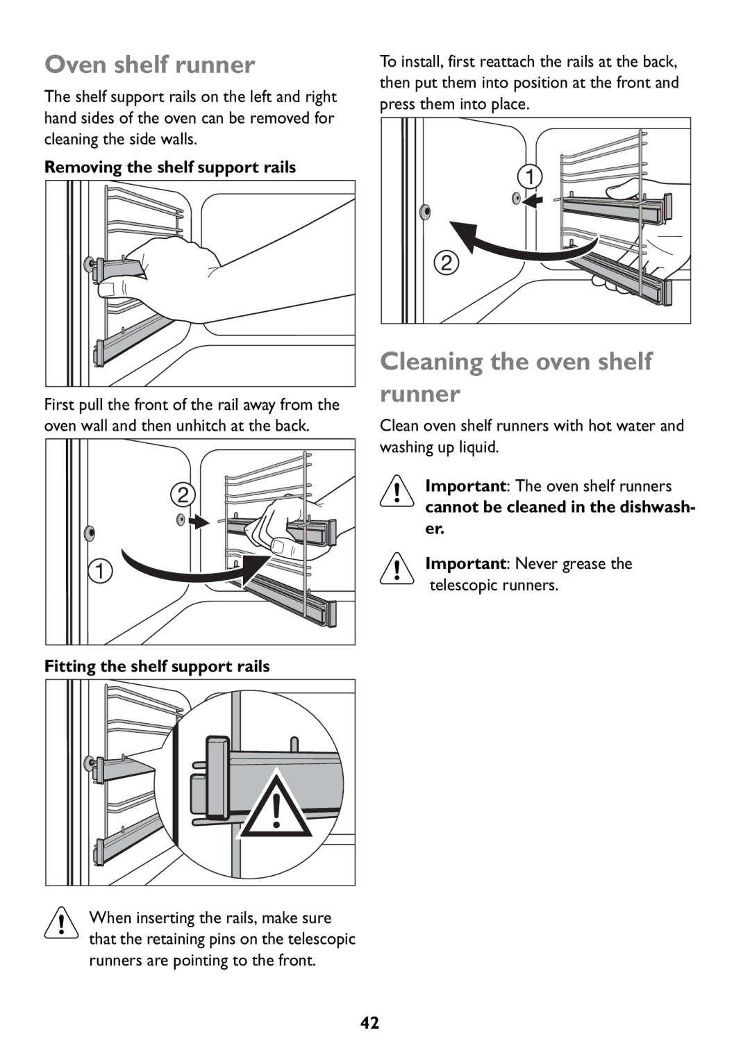 Electrolux JLBIOS608 manual Oven shelf runner, Cleaning the oven shelf runner, Removing the shelf support rails 